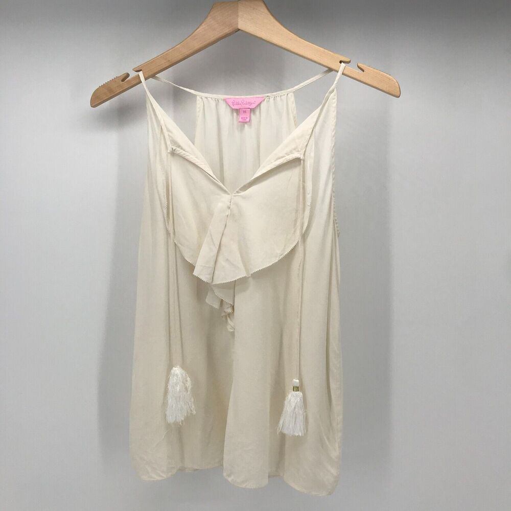 Lilly Pulitzer Cami Tank Womens XS Ivory Silk Ruffled V Neck Tasseled Boho